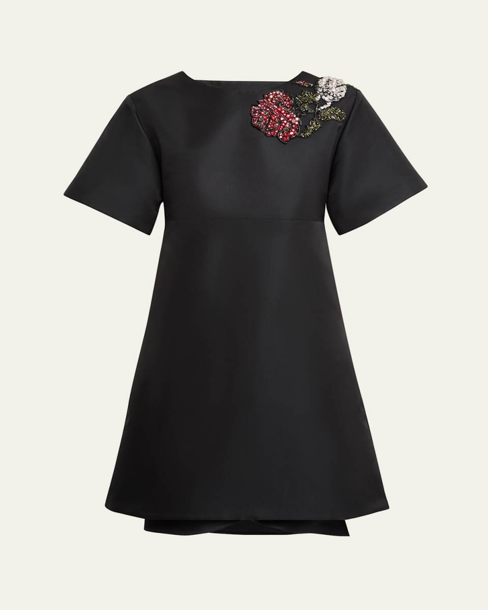 Crystal Rose Short-Sleeve Taffeta Mini Dress